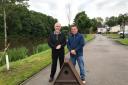 John Mycock, chairman of the Mid Cheshire Barn Owl Conservation Group, and one of Riverside Park's owners Darren Jones with the birdbox 