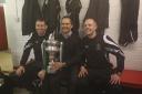 Stuart Tulloch, left, with 1874 Northwich manager Ian Street and assistant manager Paul Bowyer when the team won the Mid-Cheshire District FA Senior Cup final two weeks ago