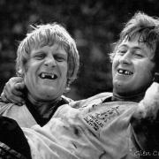Eric Prescott with Widnes hooker Keith Elwell after the 1981 Wembley win