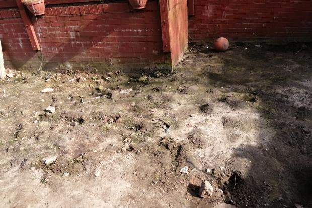 Kirstie Quentin\'s garden in Windmill Hill, Runcorn, in March 2021. Onward Homes has promised to install a drain to prevent further flooding. Credit Kirstie Quentin, cleared for use by BBC partners.