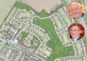 Cllrs Bill Woolfall (top) and Loftus and artist impression of the new Miller Homes estate. (image Miller Homes from planning documents)