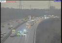 The M56 westbound in Cheshire is closed following a crash, captured on this motorway camera