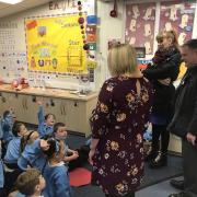 Labour shadow education secretary Angela Rayner speaks to pupils at Windmill Hill Primary School in Runcorn, accompanied by local candidate Mike Amesbury.