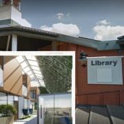 The existing library and (inset) artist impression of the new hub. Image from planning doc by Cassidy and Ashton architects
