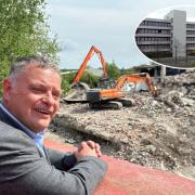 Mike Amesbury looks on as diggers move in to flatten East Lane House (inset)