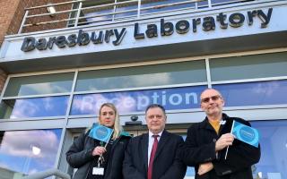 Mike Amesbury MP (Weaver Vale constituency) with Prospect Trade Union members Louise Smith and Dr. Lee Jones outside of the Laboratory